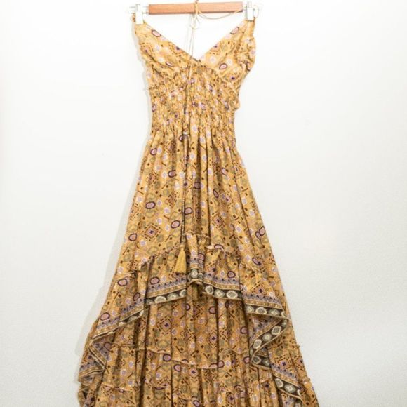 Zury Dresses & Skirts - Zury Silk Dress Boho Flowy hi-low V-neck halter with tassel  XS wtih Stretch